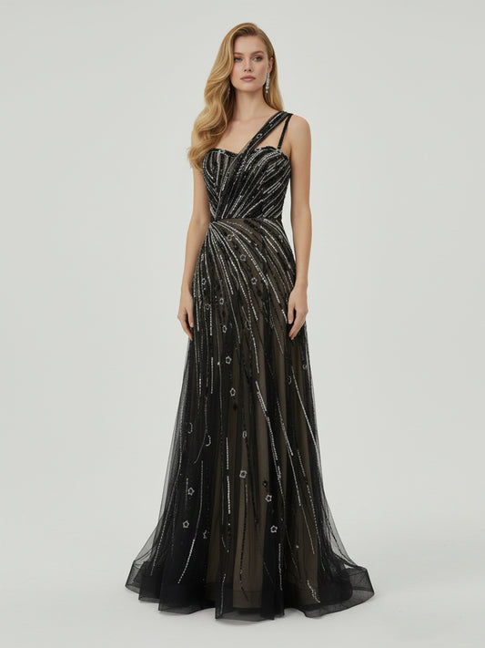 Sparkle Black Beaed Evening Gown Asymmetric Strap A-Line Prom Dress MY20002