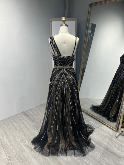 Sparkle Black Beaed Evening Gown Asymmetric Strap A-Line Prom Dress MY20002