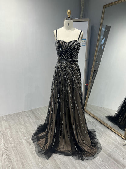 Sparkle Black Beaed Evening Gown Asymmetric Strap A-Line Prom Dress MY20002