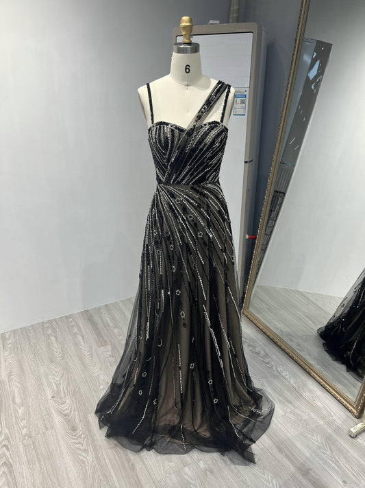 Sparkle Black Beaed Evening Gown Asymmetric Strap A-Line Prom Dress MY20002