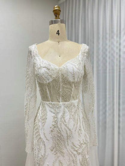 White Long Sleeve Beaded Evening Gown Tulle Train Wedding Prom MY20004-2