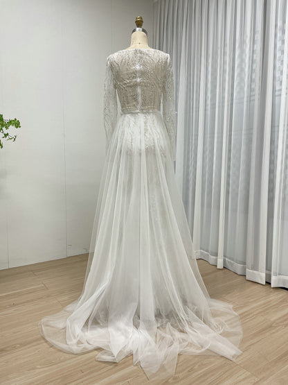 White Long Sleeve Beaded Evening Gown Tulle Train Wedding Prom MY20004-2