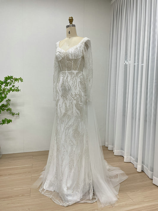 White Long Sleeve Beaded Evening Gown Tulle Train Wedding Prom MY20004-2