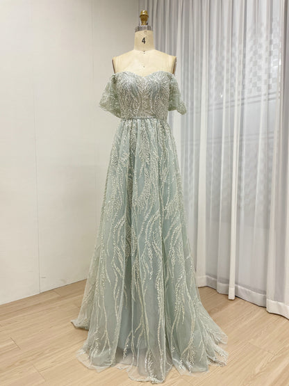 Elegant Off-Shoulder Beaded Leaf Pattern A-Line Evening Gown Champagne Prom Dress for Women MY20005-2
