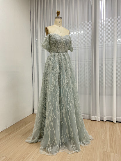 Elegant Off-Shoulder Beaded Leaf Pattern A-Line Evening Gown Champagne Prom Dress for Women MY20005-2
