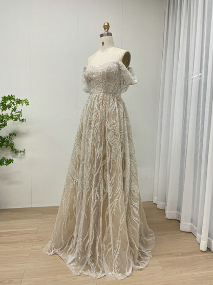 Elegant Off-Shoulder Beaded Leaf Pattern A-Line Evening Gown Champagne Prom Dress for Women MY20005-2