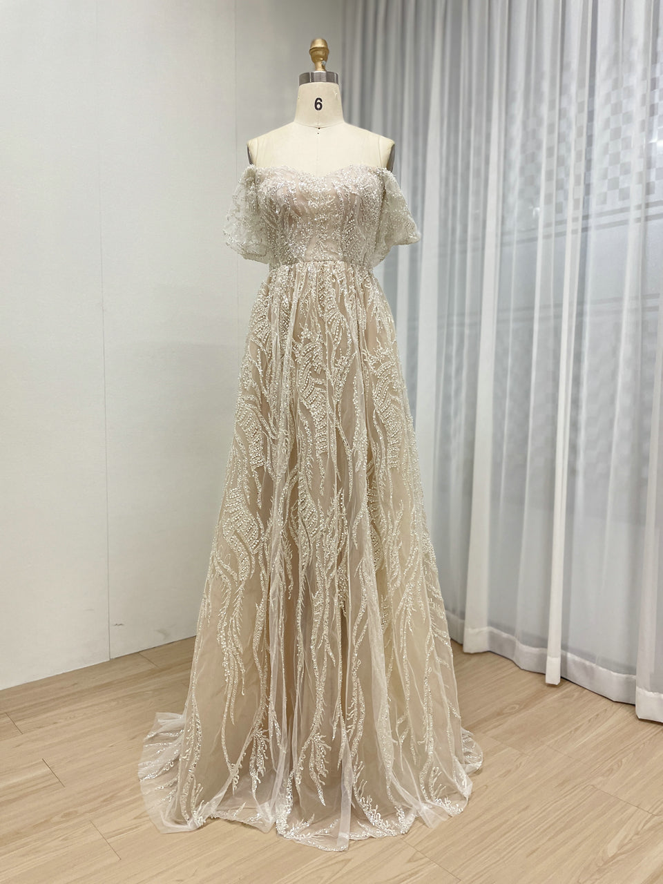 Elegant Off-Shoulder Beaded Leaf Pattern A-Line Evening Gown Champagne Prom Dress for Women MY20005-2