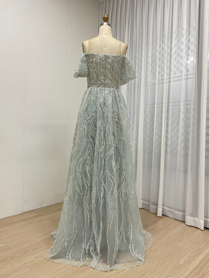 Elegant Off-Shoulder Beaded Leaf Pattern A-Line Evening Gown Champagne Prom Dress for Women MY20005-2