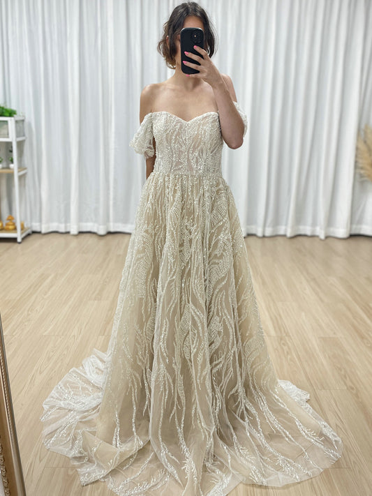 Elegant Off-Shoulder Beaded Leaf Pattern A-Line Evening Gown Champagne Prom Dress for Women MY20005-2