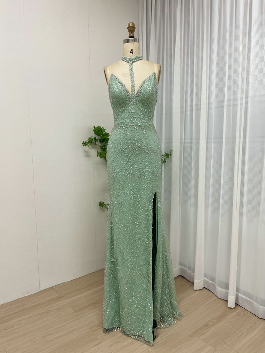 Elegant Mint Green Sequin Slit Gown for Prom MY30004