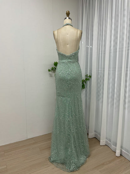 Elegant Mint Green Sequin Slit Gown for Prom MY30004