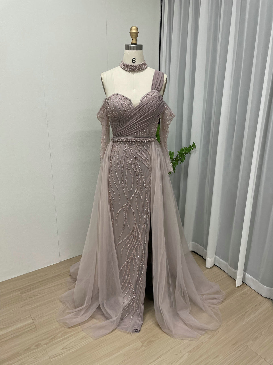 Off Shoulder High Split Overskirt Beading Dress MY30005