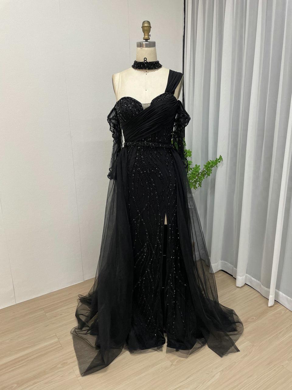 Off Shoulder High Split Overskirt Beading Dress MY30005