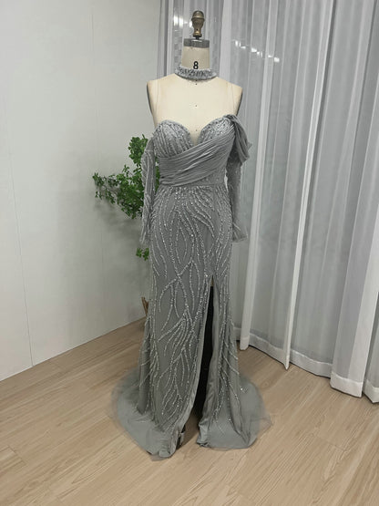 Off Shoulder High Split Overskirt Beading Dress MY30005