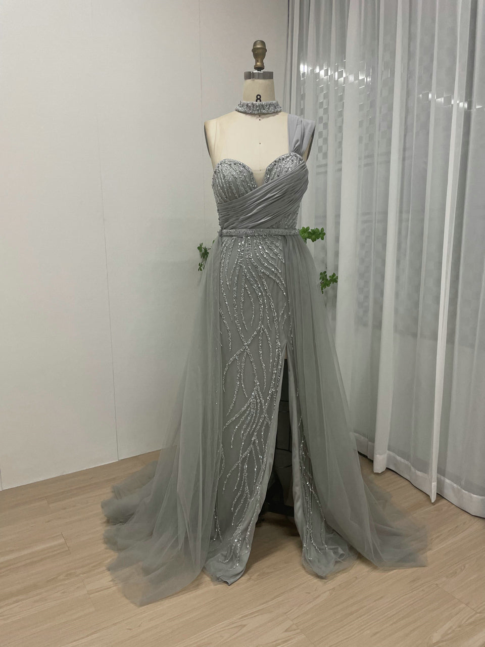 Off Shoulder High Split Overskirt Beading Dress MY30005