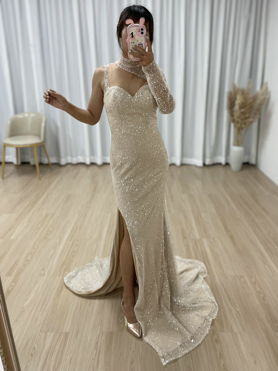 Sexy High Slit Prom Dress One Shoulder Long Sleeve Beaded Mermaid Gown MY30007