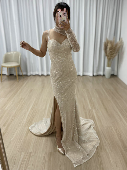 Sexy High Slit Prom Dress One Shoulder Long Sleeve Beaded Mermaid Gown MY30007