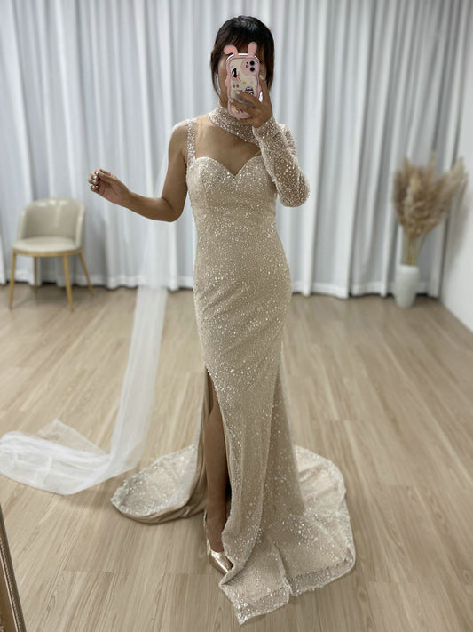 Sexy High Slit Prom Dress One Shoulder Long Sleeve Beaded Mermaid Gown MY30007