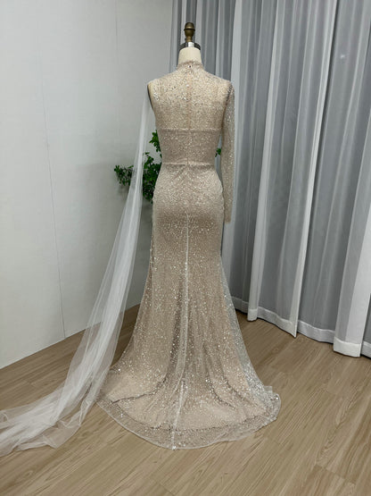 Sexy High Slit Prom Dress One Shoulder Long Sleeve Beaded Mermaid Gown MY30007