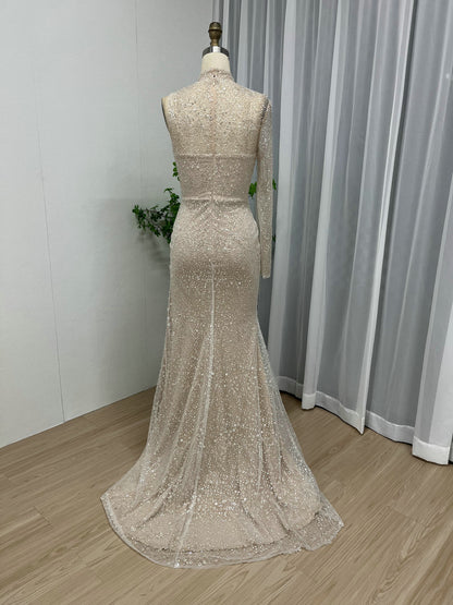 Sexy High Slit Prom Dress One Shoulder Long Sleeve Beaded Mermaid Gown MY30007