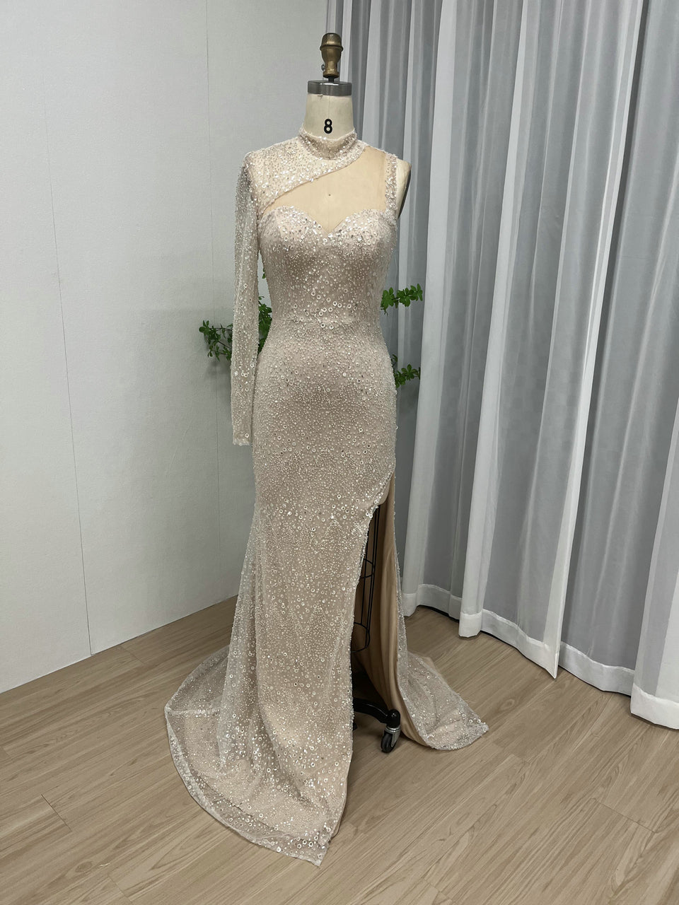 Sexy High Slit Prom Dress One Shoulder Long Sleeve Beaded Mermaid Gown MY30007