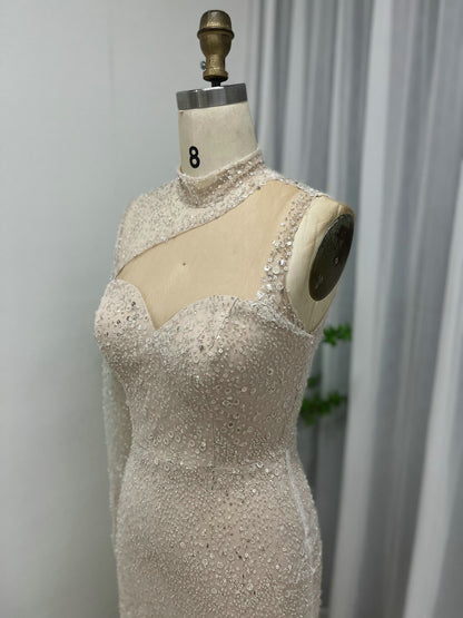 Sexy High Slit Prom Dress One Shoulder Long Sleeve Beaded Mermaid Gown MY30007