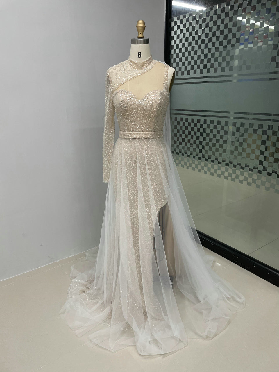 Sexy High Slit Prom Dress One Shoulder Long Sleeve Beaded Mermaid Gown MY30007