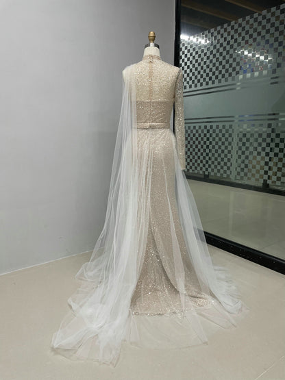 Sexy High Slit Prom Dress One Shoulder Long Sleeve Beaded Mermaid Gown MY30007