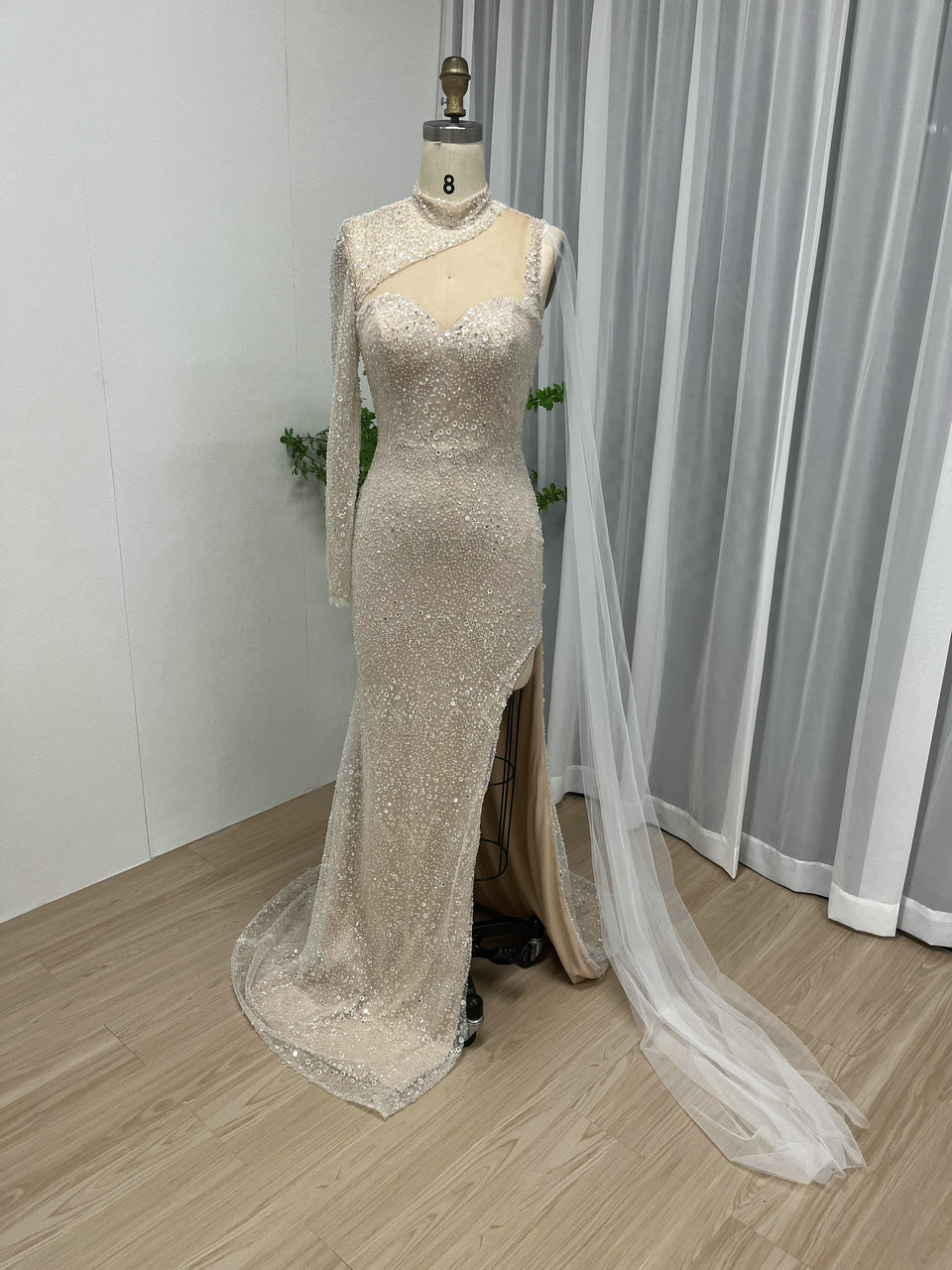 Sexy High Slit Prom Dress One Shoulder Long Sleeve Beaded Mermaid Gown MY30007