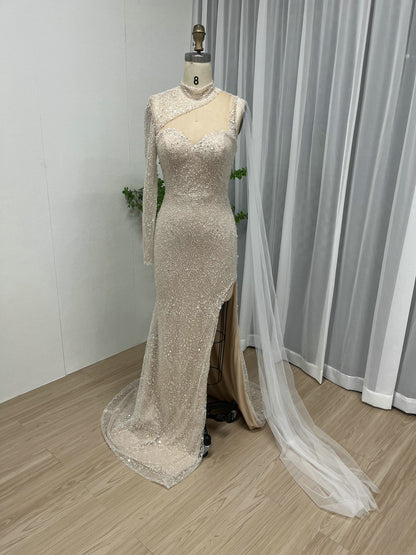 Sexy High Slit Prom Dress One Shoulder Long Sleeve Beaded Mermaid Gown MY30007