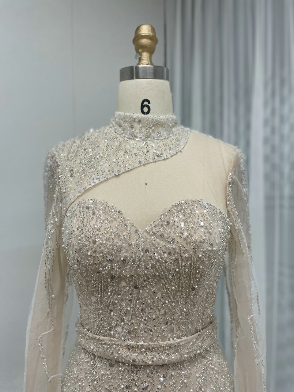 Black Long Sleeve Black Sheer Lace Illusion Belted Party Dress MY30008-2