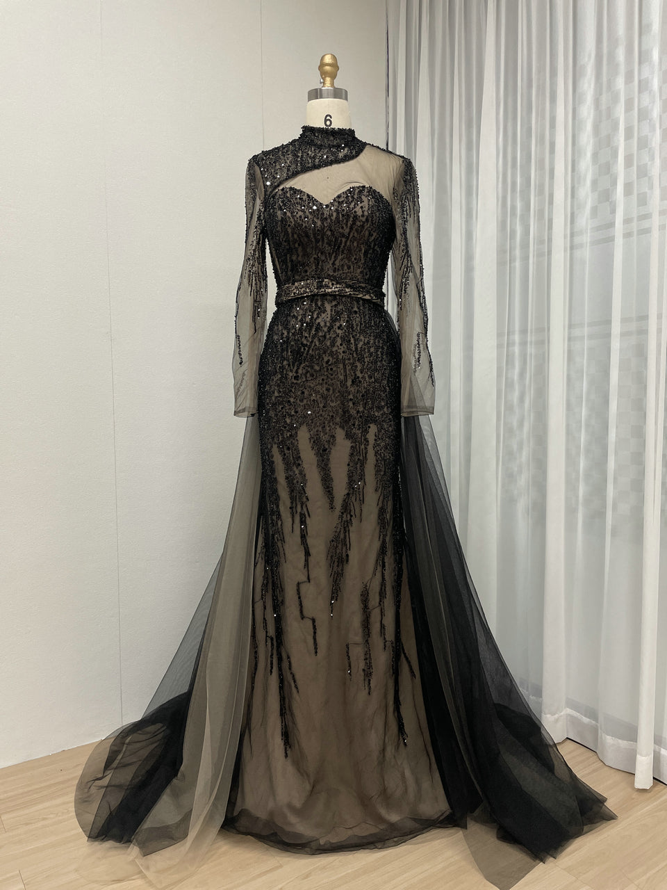 Black Long Sleeve Black Sheer Lace Illusion Belted Party Dress MY30008-2