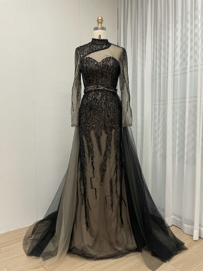 Black Long Sleeve Black Sheer Lace Illusion Belted Party Dress MY30008-2