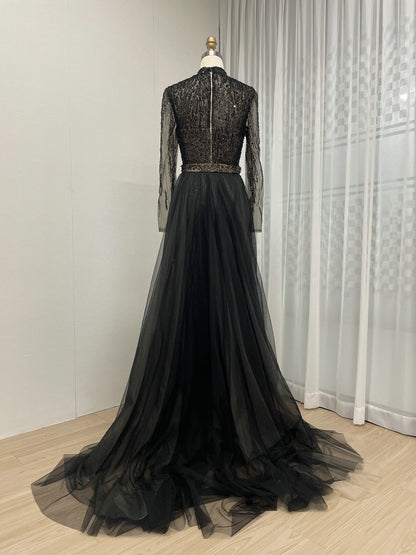 Black Long Sleeve Black Sheer Lace Illusion Belted Party Dress MY30008-2