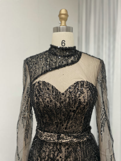 Black Long Sleeve Black Sheer Lace Illusion Belted Party Dress MY30008-2