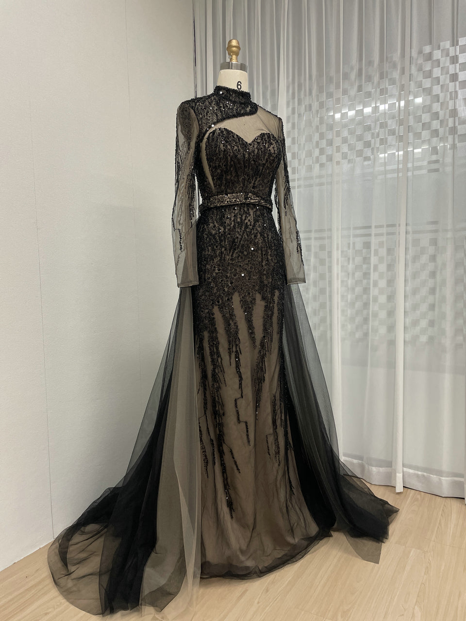 Black Long Sleeve Black Sheer Lace Illusion Belted Party Dress MY30008-2