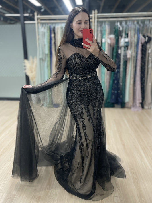 Black Long Sleeve Black Sheer Lace Illusion Belted Party Dress MY30008-2