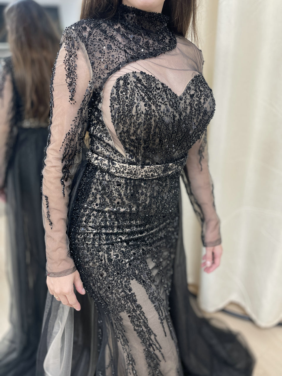 Black Long Sleeve Black Sheer Lace Illusion Belted Party Dress MY30008-2