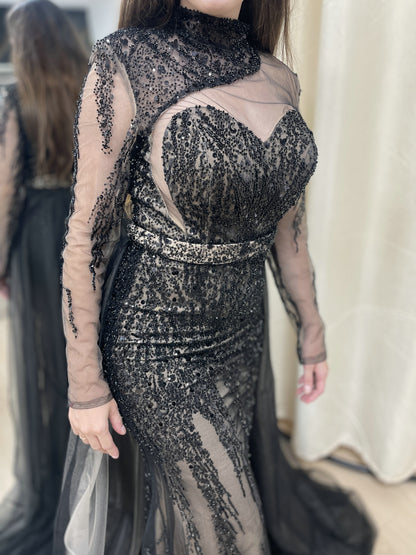 Black Long Sleeve Black Sheer Lace Illusion Belted Party Dress MY30008-2