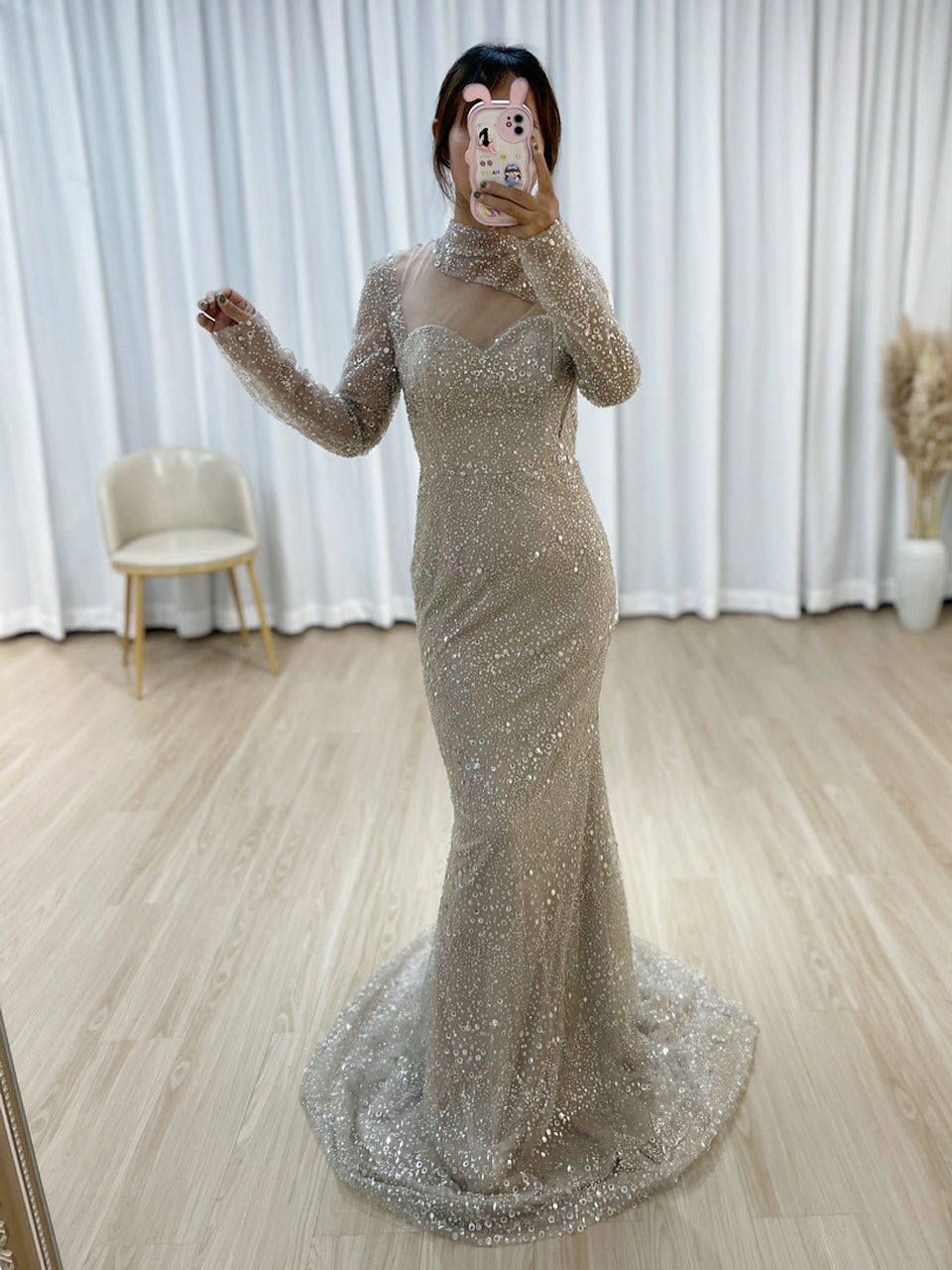 Formal Long Sleeve Beaded Prom Dress Pink High Neck Mermaid Gown MY30008