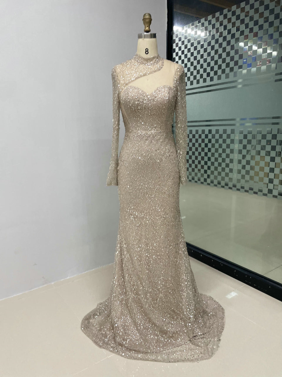 Formal Long Sleeve Beaded Prom Dress Pink High Neck Mermaid Gown MY30008