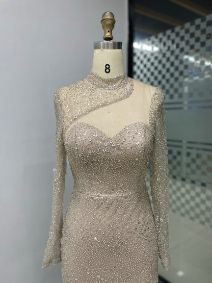 Formal Long Sleeve Beaded Prom Dress Pink High Neck Mermaid Gown MY30008