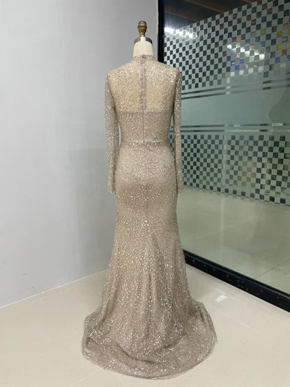 Formal Long Sleeve Beaded Prom Dress Pink High Neck Mermaid Gown MY30008