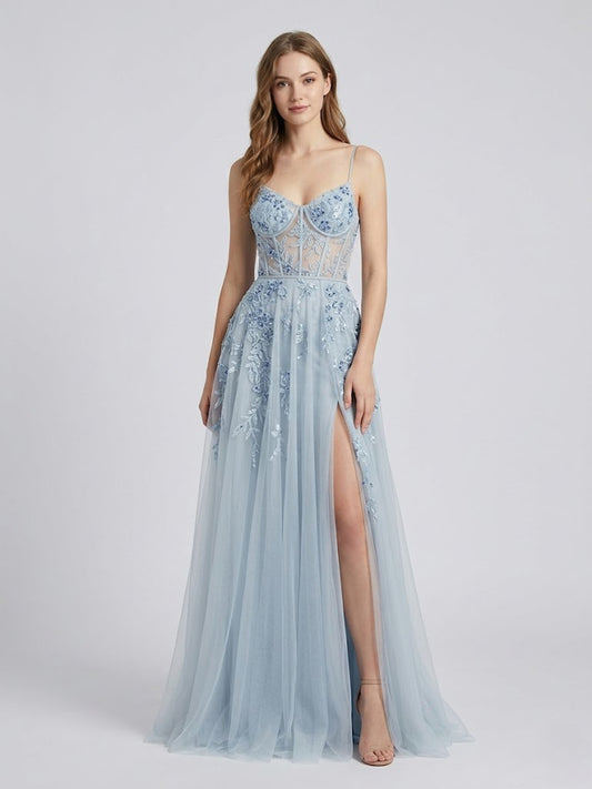 Light Blue Floral Embroidered Tulle Corset Prom Dress with High Slit MY30012