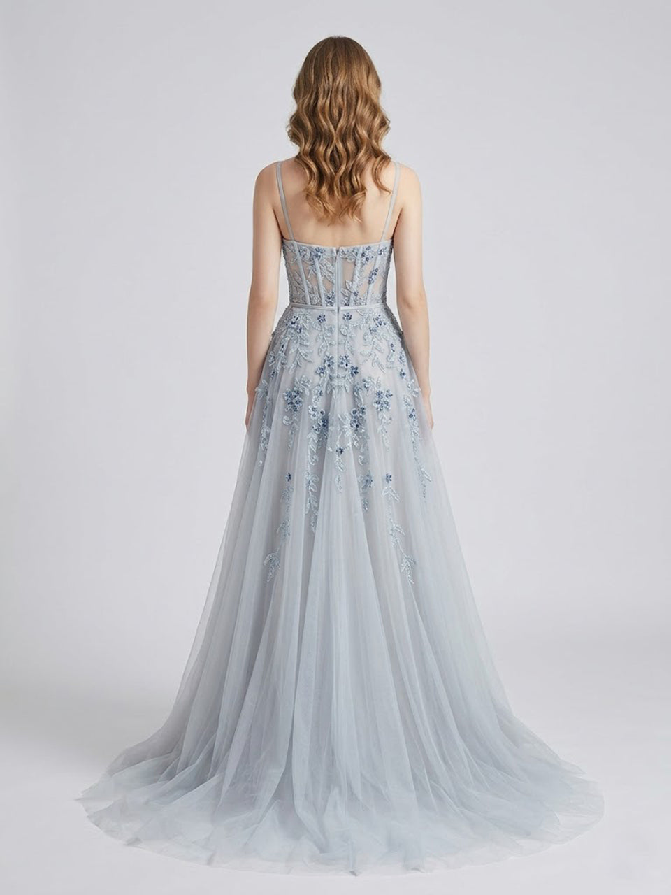 Light Blue Floral Embroidered Tulle Corset Prom Dress with High Slit MY30012