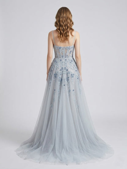 Light Blue Floral Embroidered Tulle Corset Prom Dress with High Slit MY30012