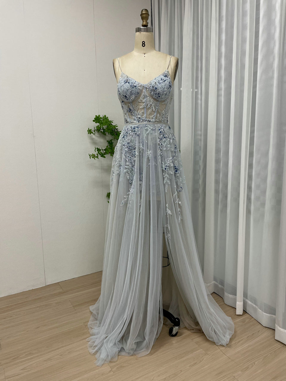 Light Blue Floral Embroidered Tulle Corset Prom Dress with High Slit MY30012