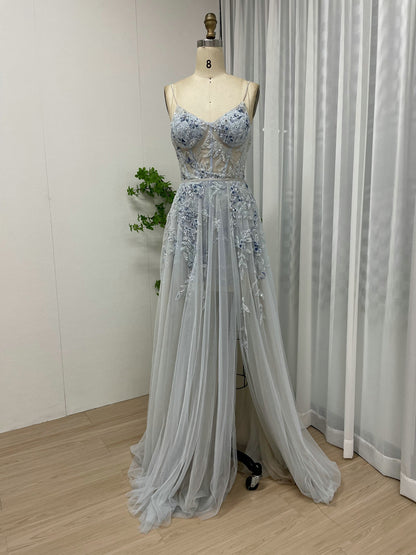 Light Blue Floral Embroidered Tulle Corset Prom Dress with High Slit MY30012