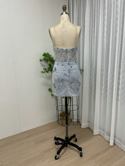 Light Blue Floral Embroidered Tulle Corset Prom Dress with High Slit MY30012