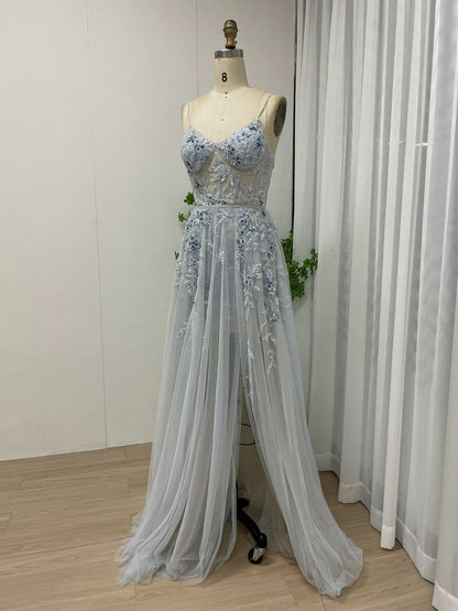 Light Blue Floral Embroidered Tulle Corset Prom Dress with High Slit MY30012